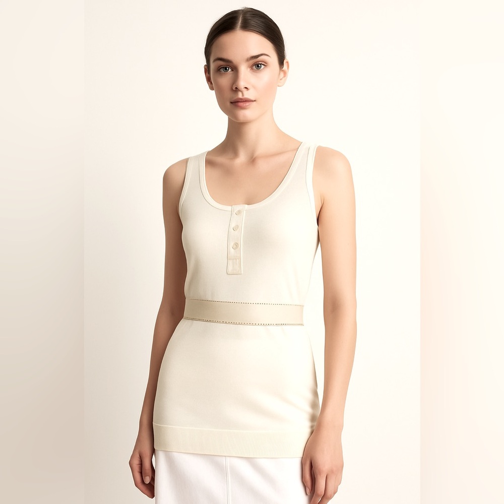 CHLOE’ Ribbed Henley Tank Top Soft Stretch Sleeveless T-Shirt Ivory White Medium